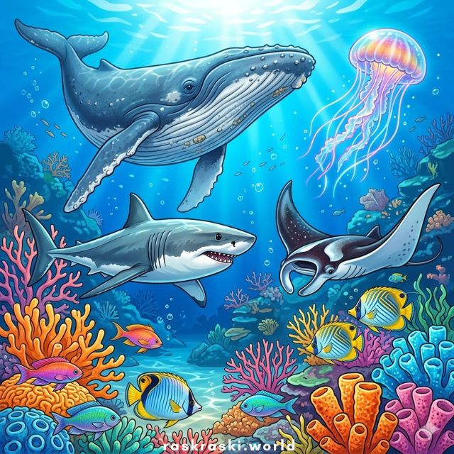 Раскраски Морские обитатели 🐳🐠🦈