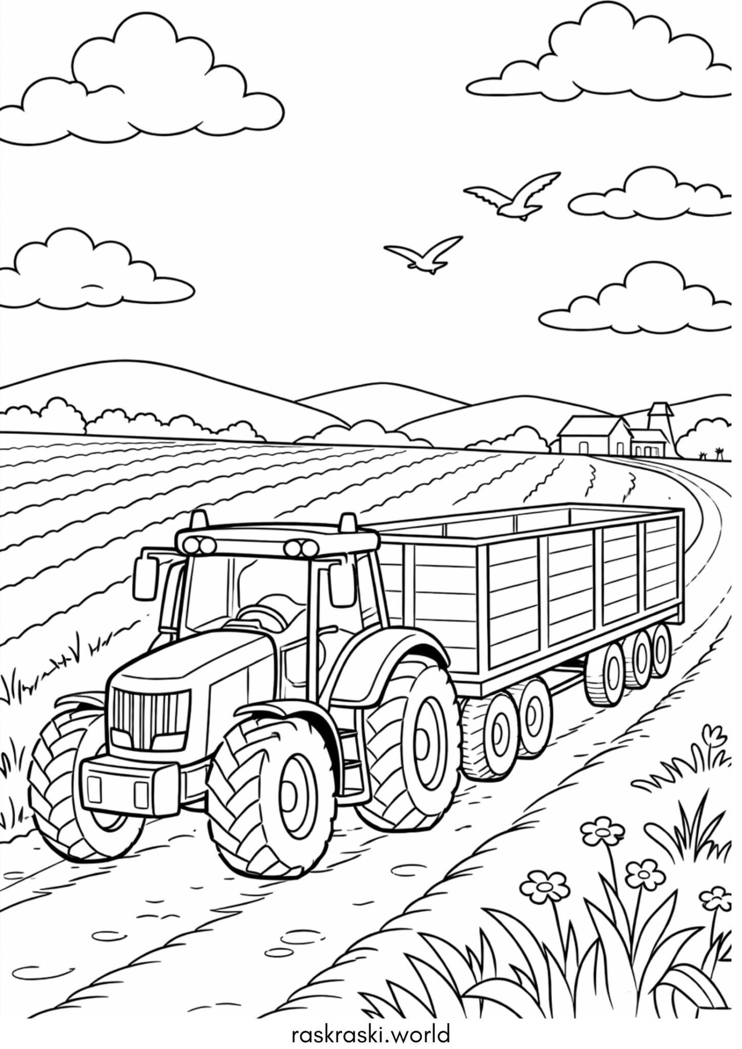 Раскраска Трактор с прицепом