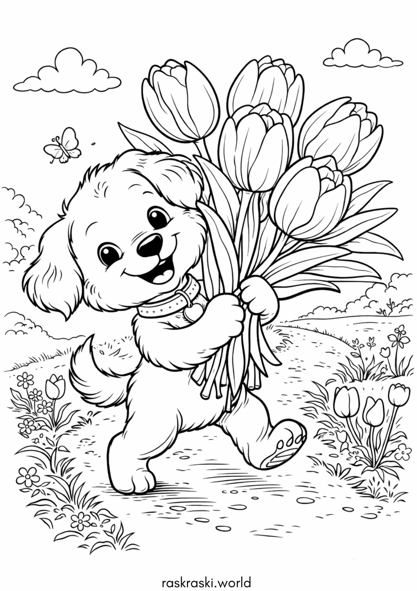 Раскраска Весна – букет тюльпанов у собачки