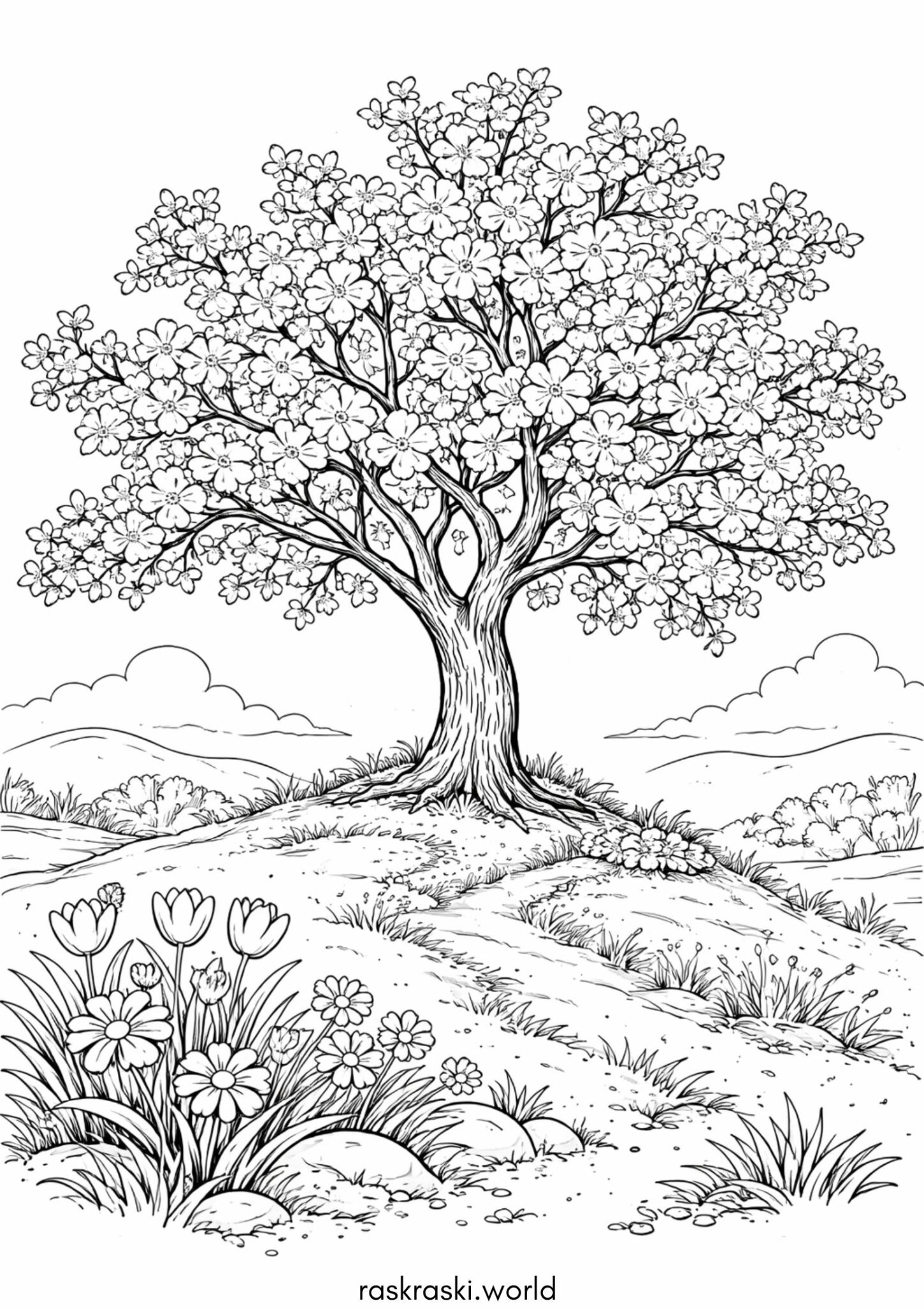 Раскраска Весна – цветут деревья