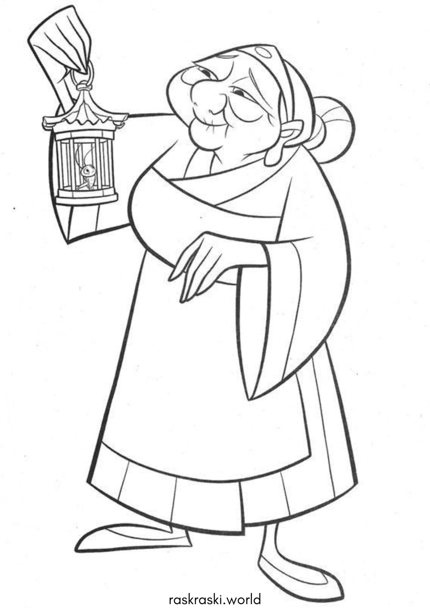 Раскраска Бабушка Фа со сверчком (Мулан)