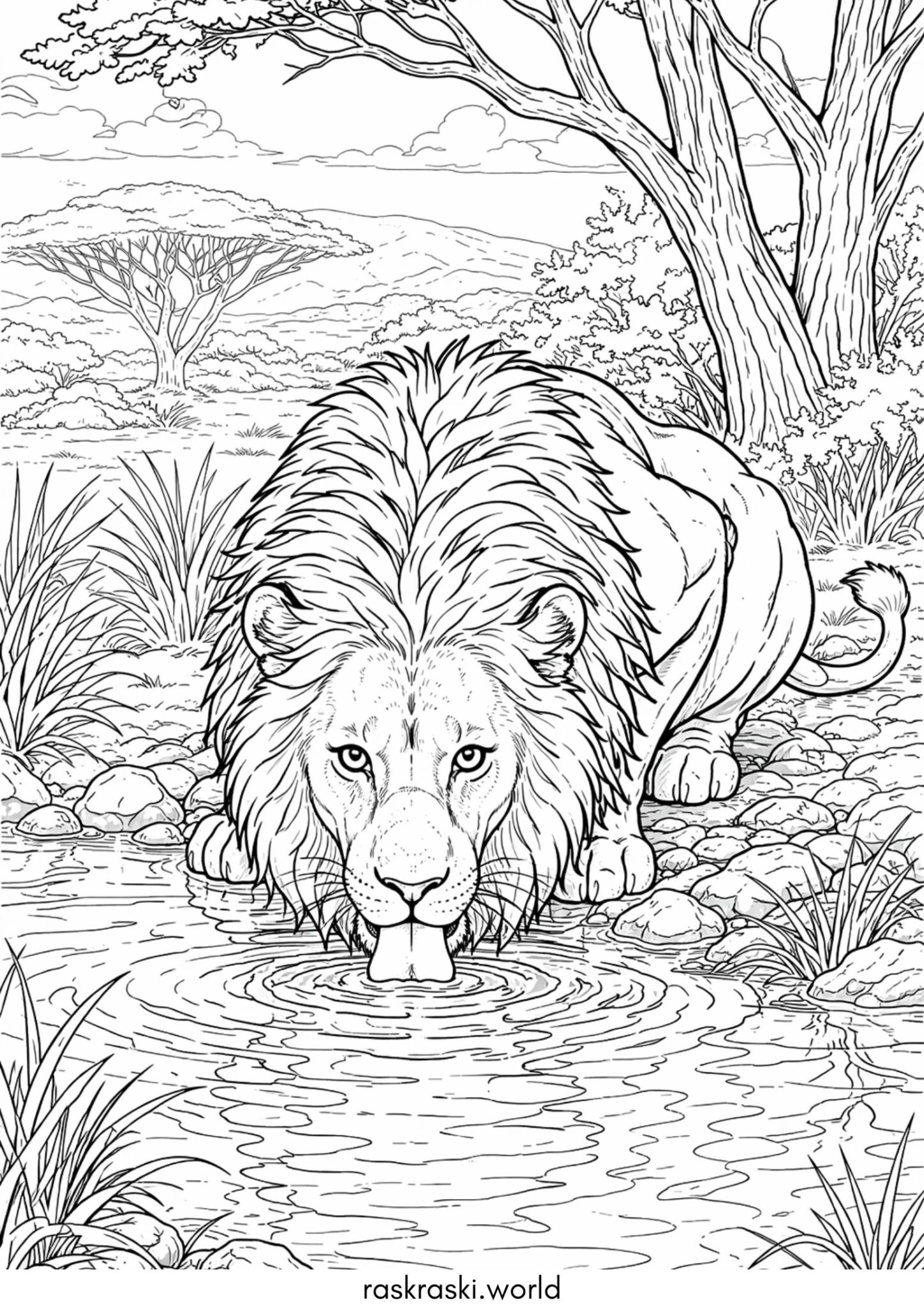 Раскраска Лев пьет из водоема