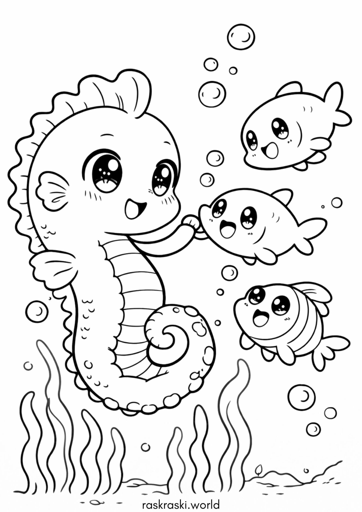 Раскраска Морской конек и рыбки