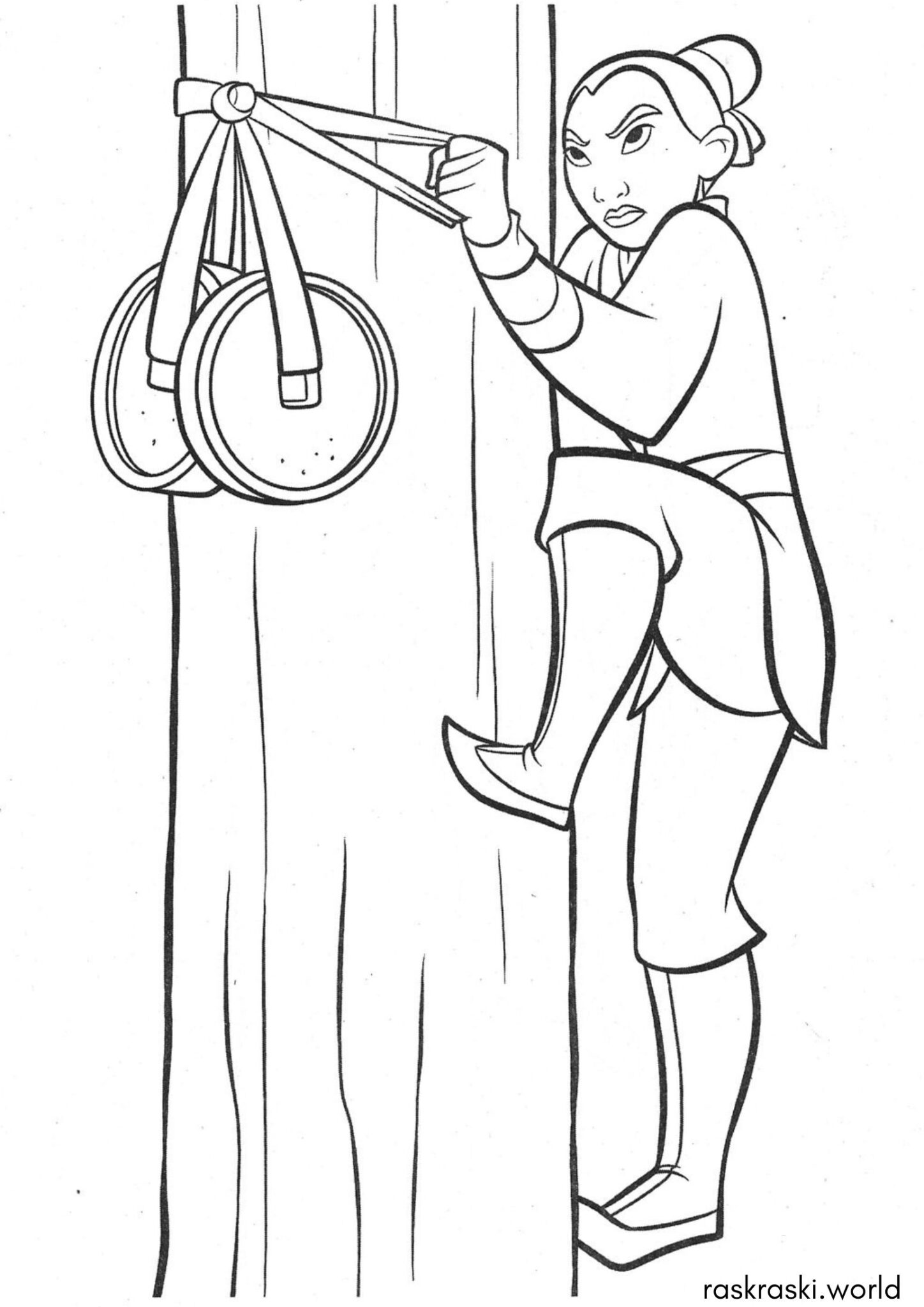 Раскраска Мулан взбирается на столб Раскраска Мулан взбирается на столб
