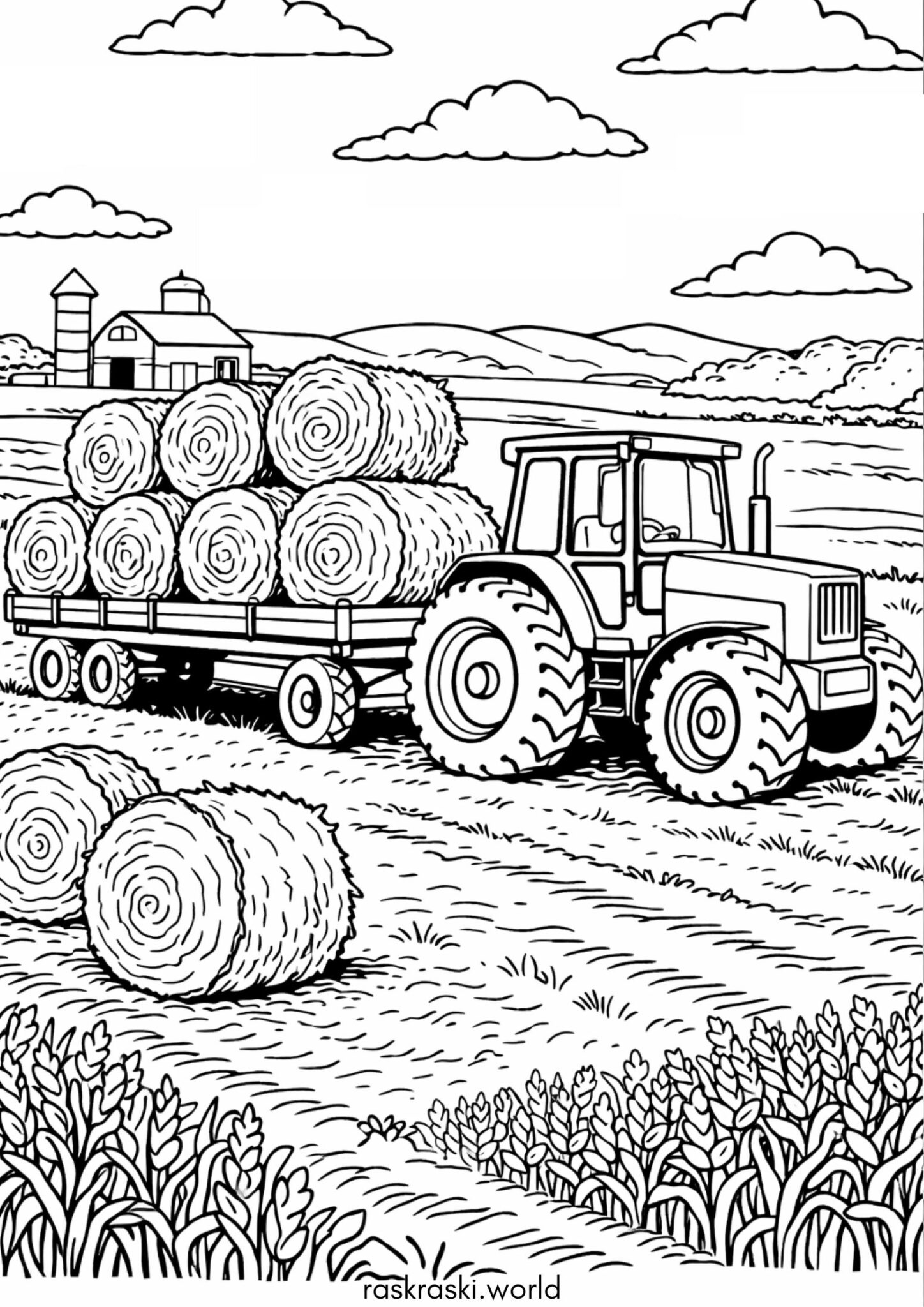 Раскраска Трактор перевозит сено