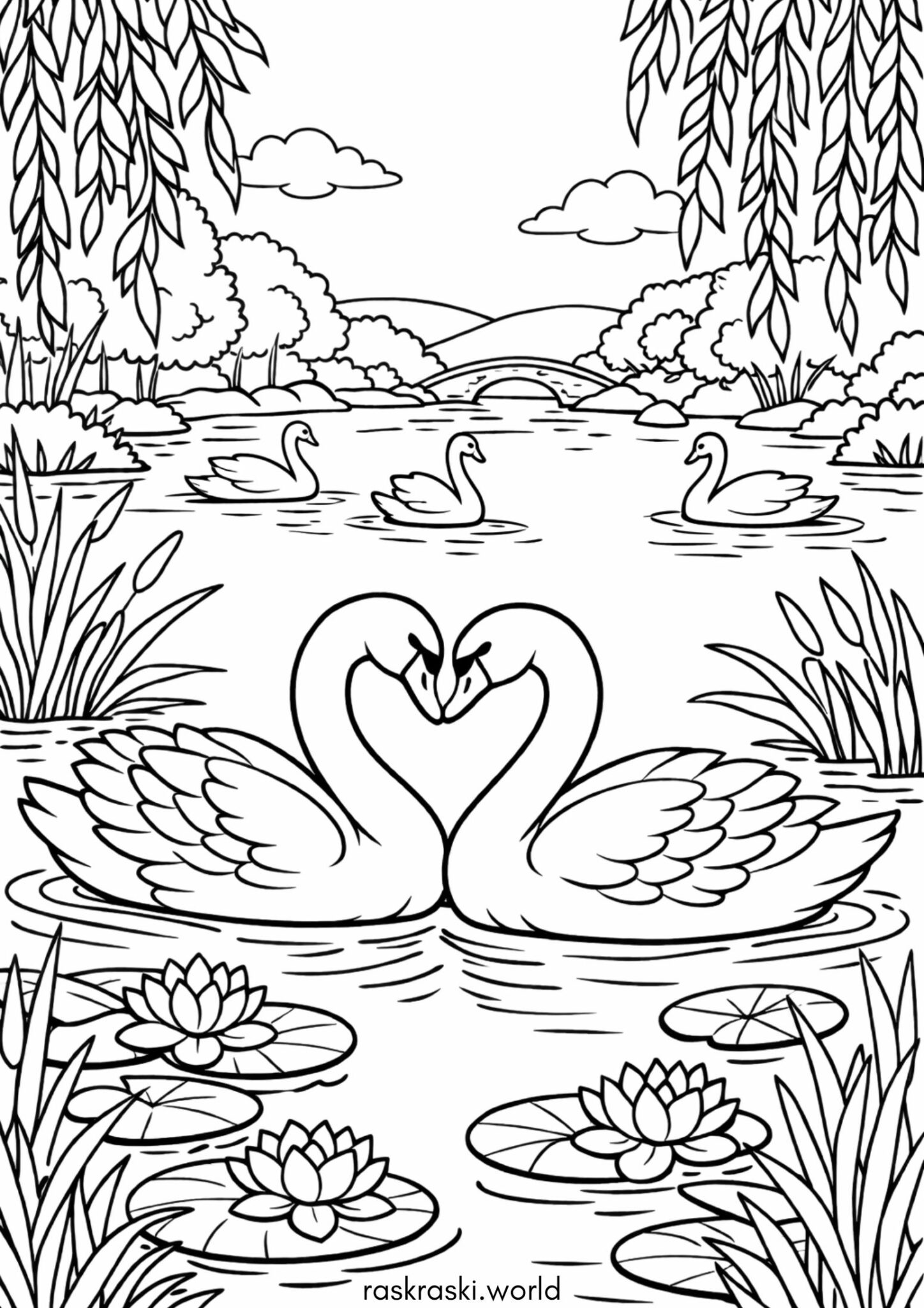 Раскраска Птицы — лебеди на пруду